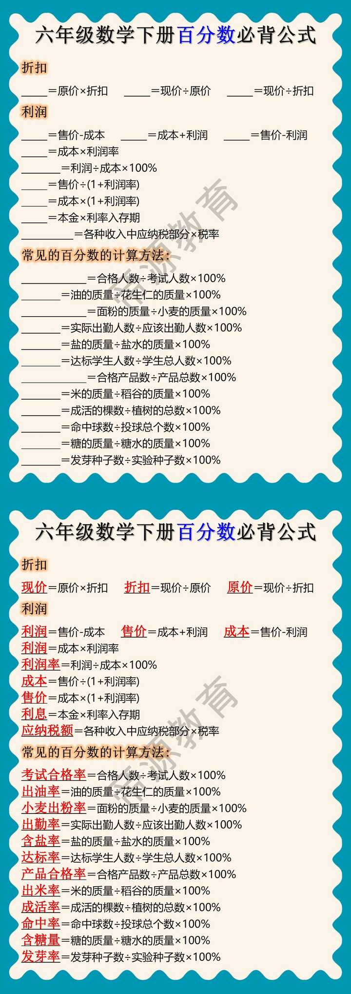 六年级数学下册百分数必背公式