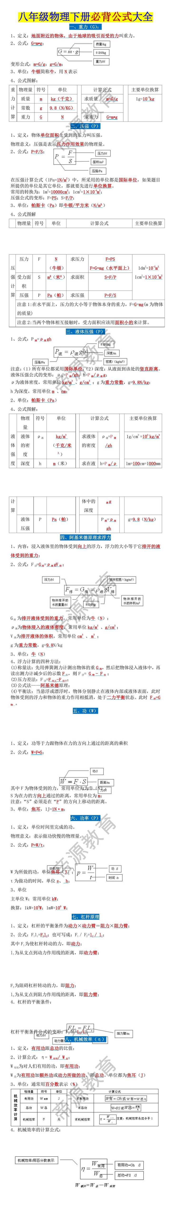 八年级物理下册必背公式大全