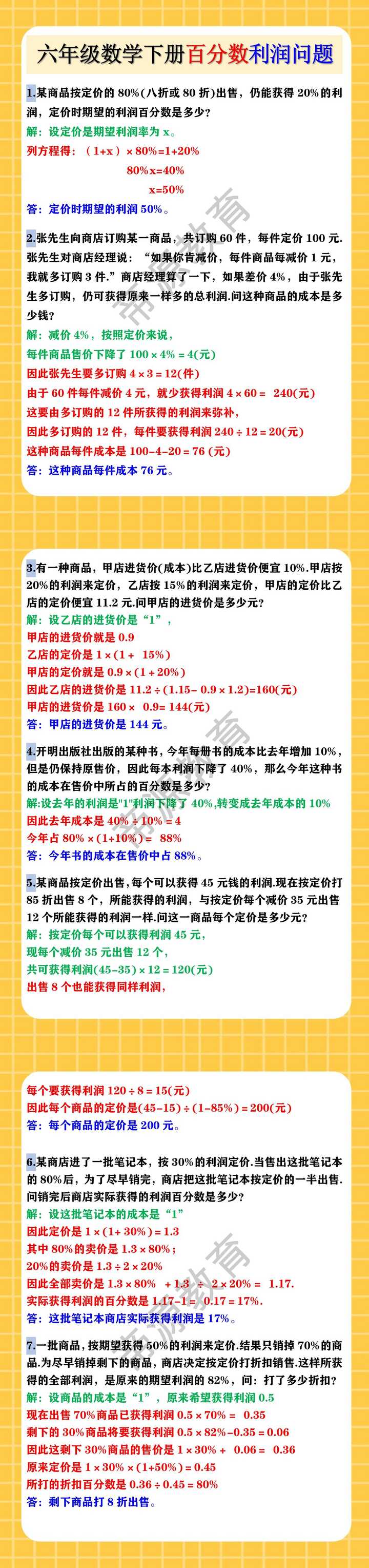 六年级数学下册百分数之利润问题