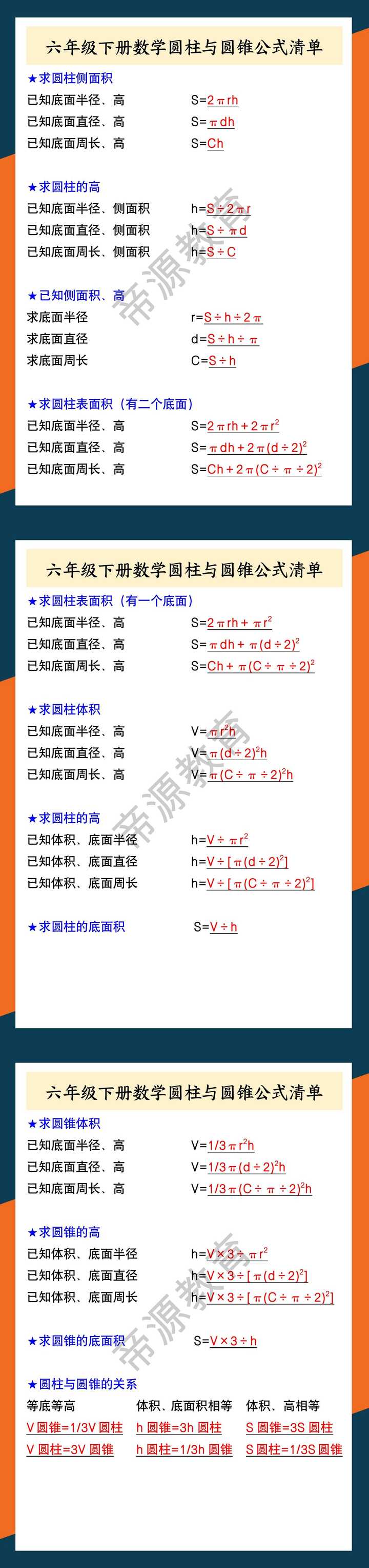 六年级下册数学圆柱与圆锥公式清单