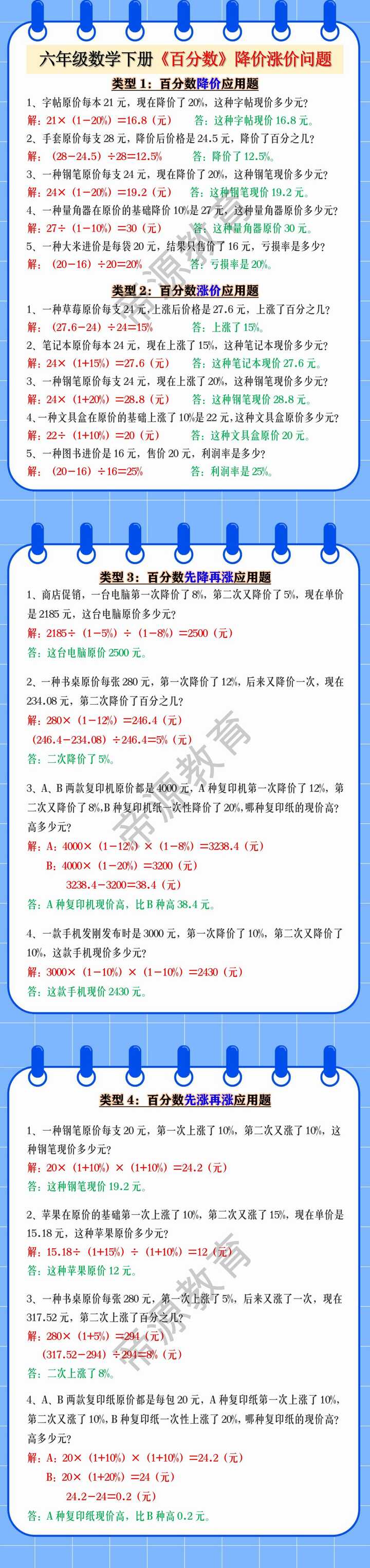 六年级数学下册《百分数》降价涨价问题