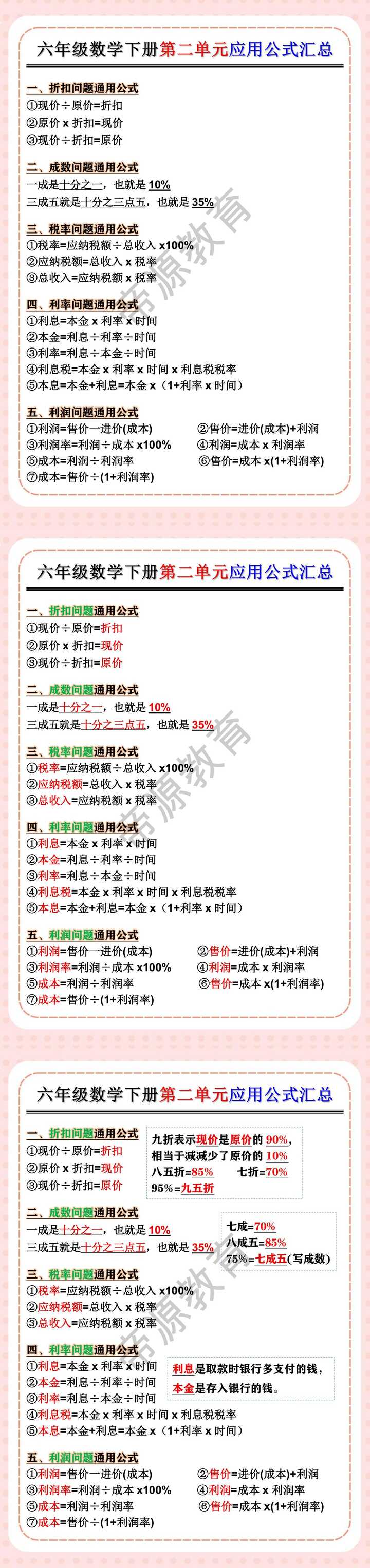 六年级数学下册第二单元应用公式汇总