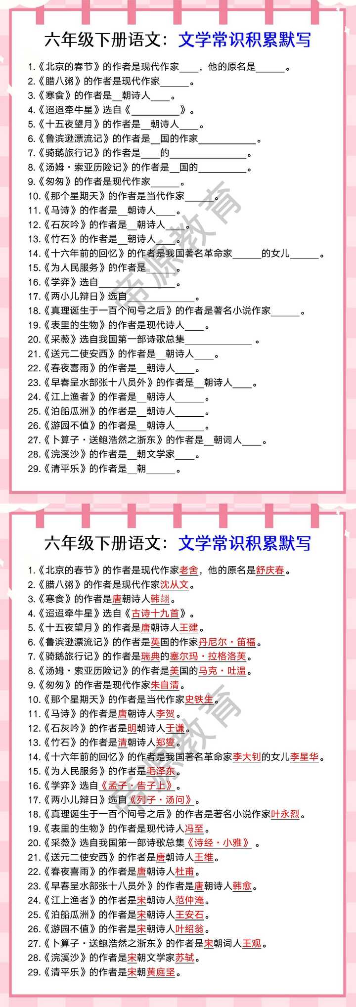 六年级下册语文：文学常识积累默写