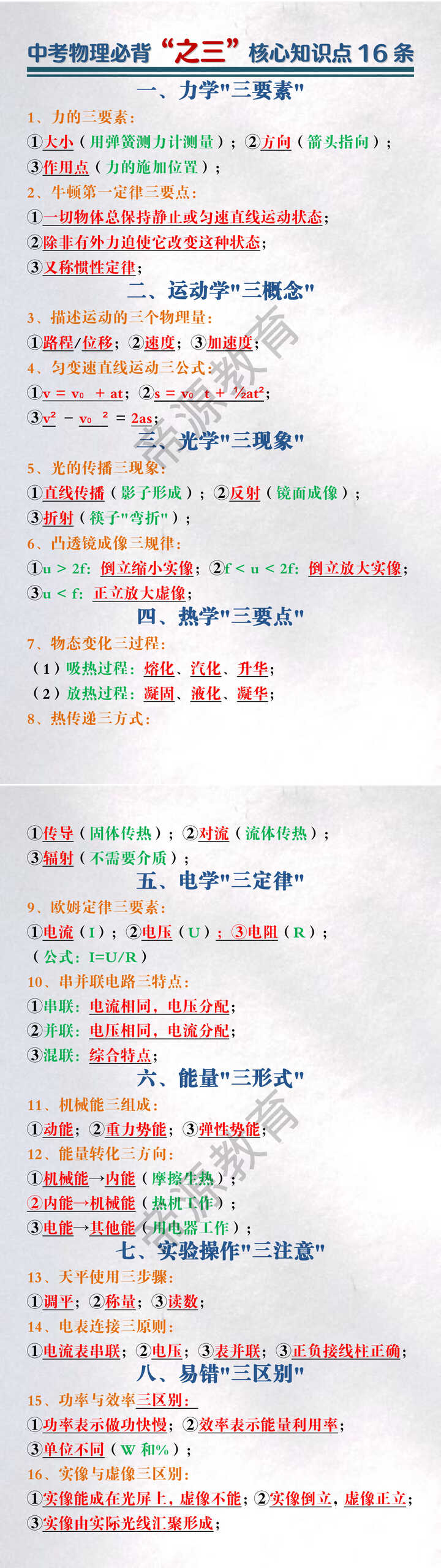 中考物理必背“之三”核心知识点16条
