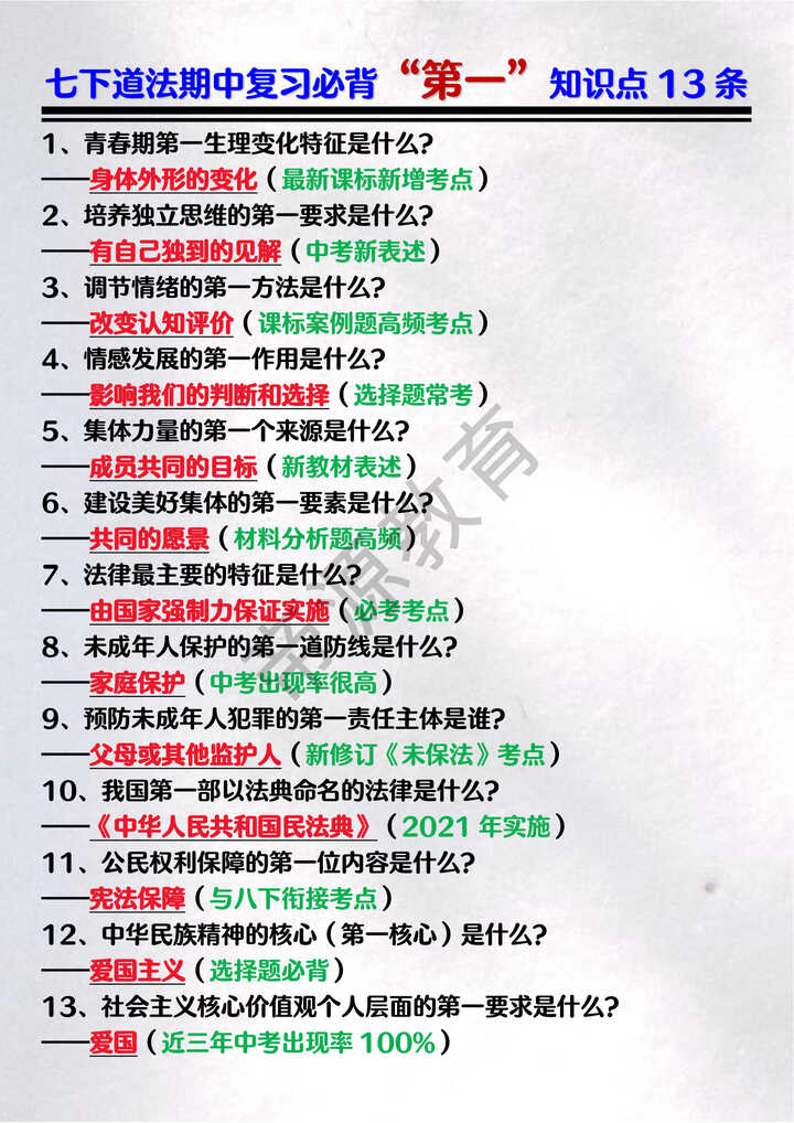 七下道法期中复习必背“第一”知识点13条