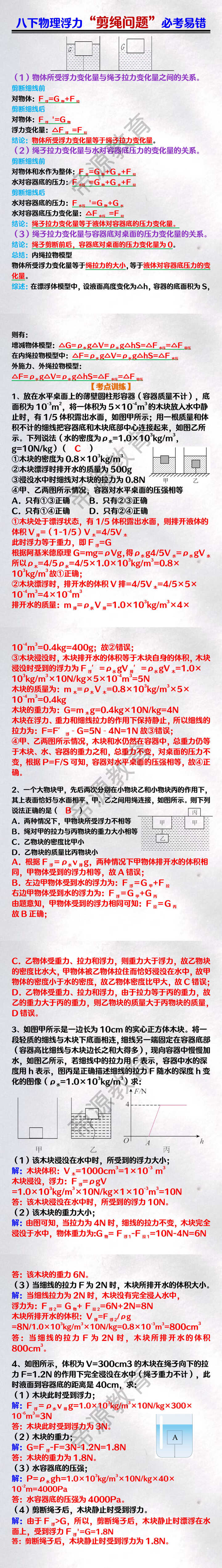 八下物理浮力“剪绳问题”必考易错
