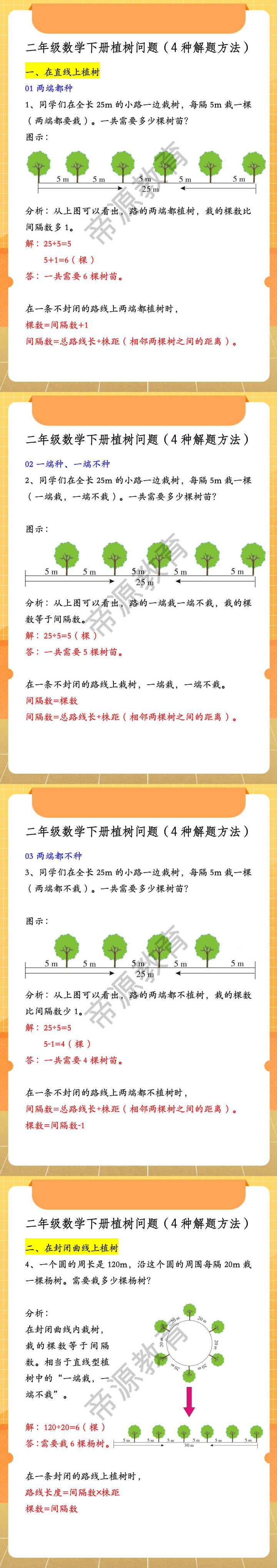二年级数学下册植树问题（4种解题方法）