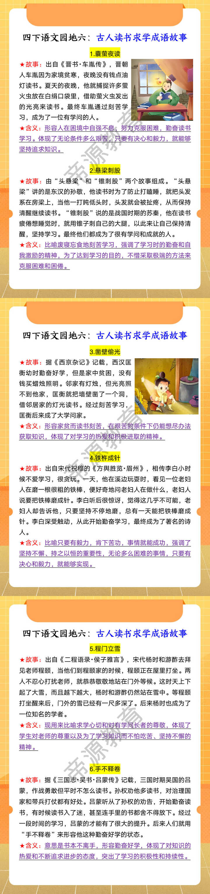 四下语文园地六：古人读书求学成语故事