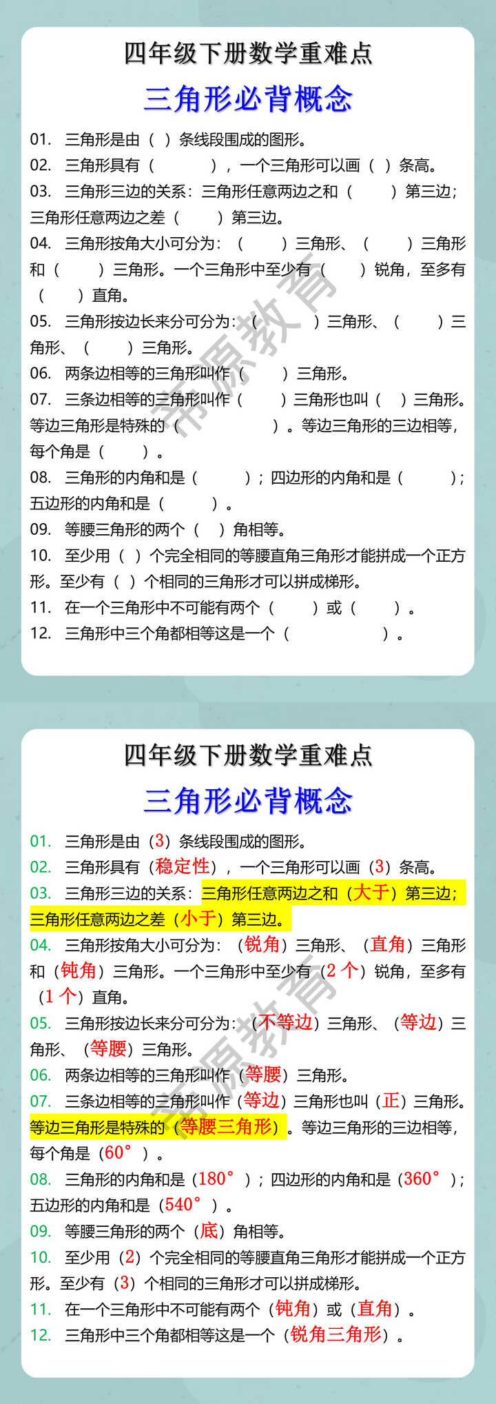 四年级下册数学三角形必背概念