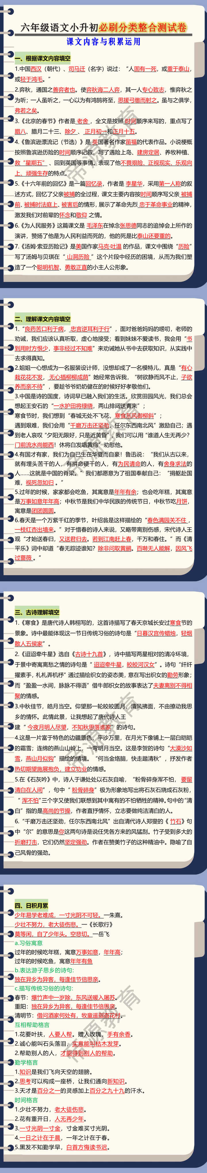 六年级语文小升初必刷分类整合测试卷