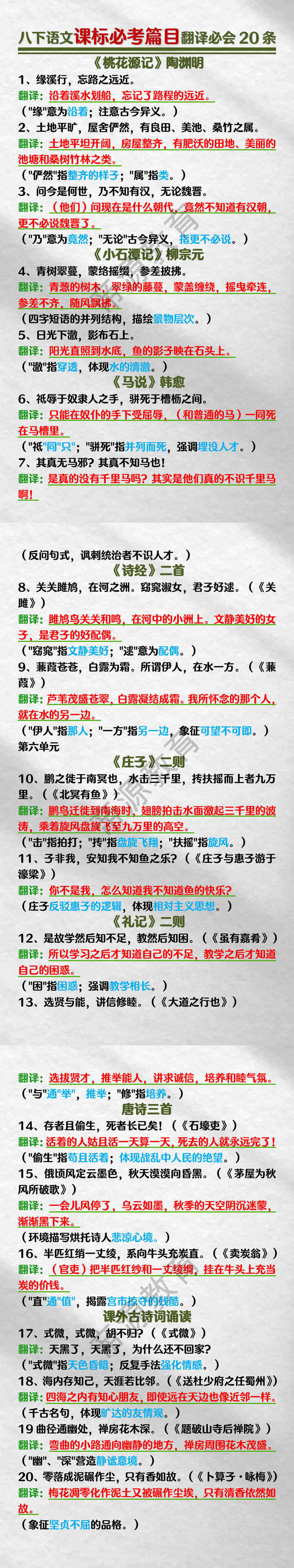 八年级语文下册课标必考篇目翻译必会20条
