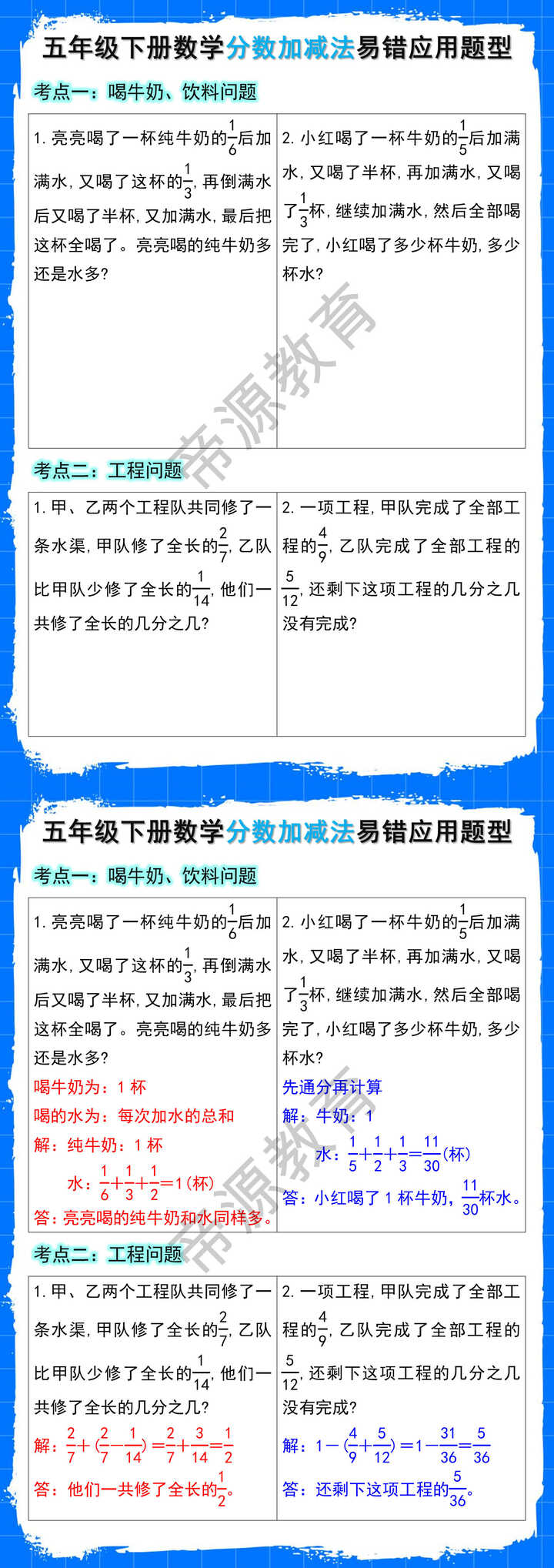五年级下册数学分数加减法易错应用题型