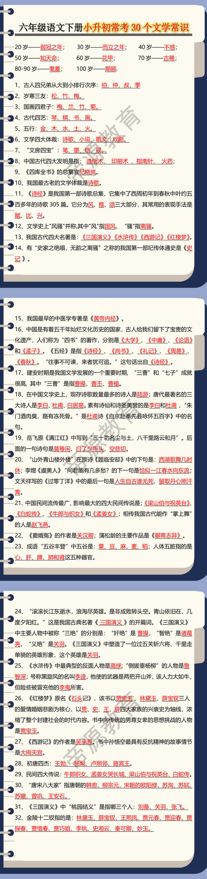 六年级语文下册小升初常考30个文学常识