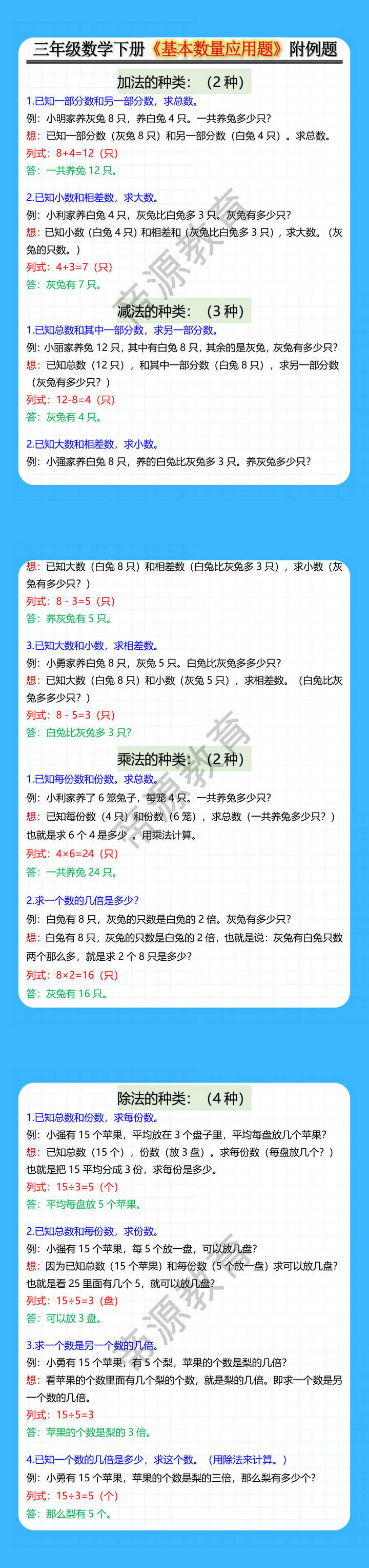 三年级数学下册《基本数量应用题》附例题