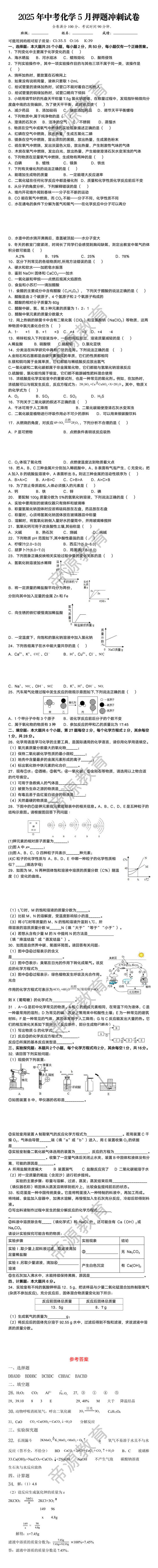 2025年中考化学5月押题冲刺试卷
