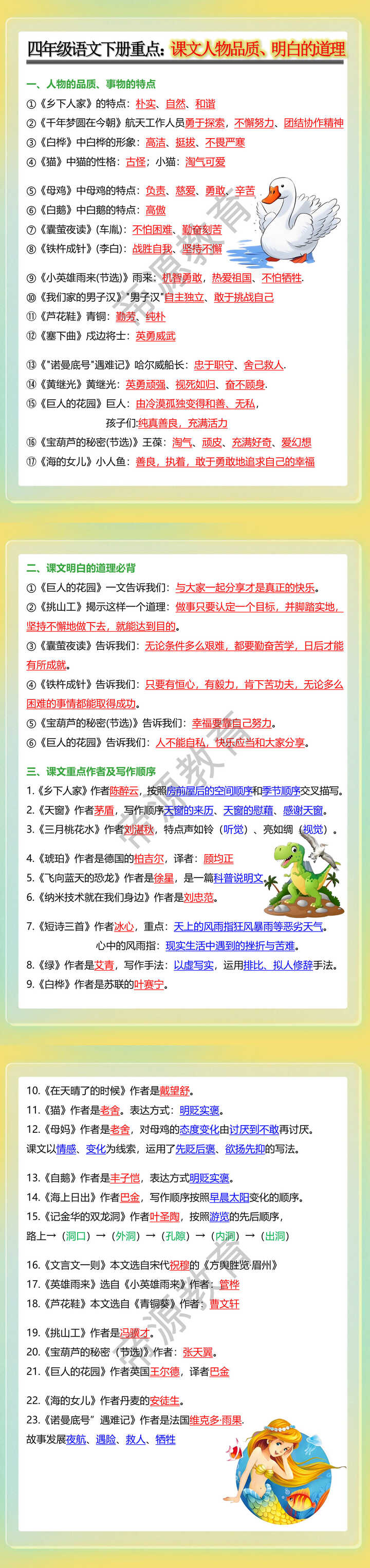 四年级语文下册重点：课文人物品质、明白的道理