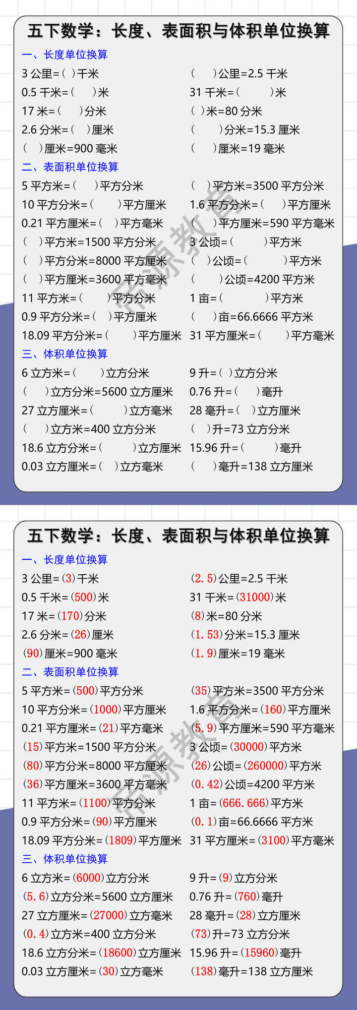 五下数学：长度、表面积与体积单位换算