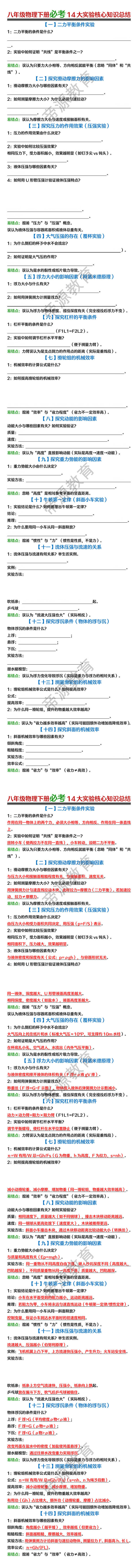 八年级物理下册必考14大实验核心知识总结