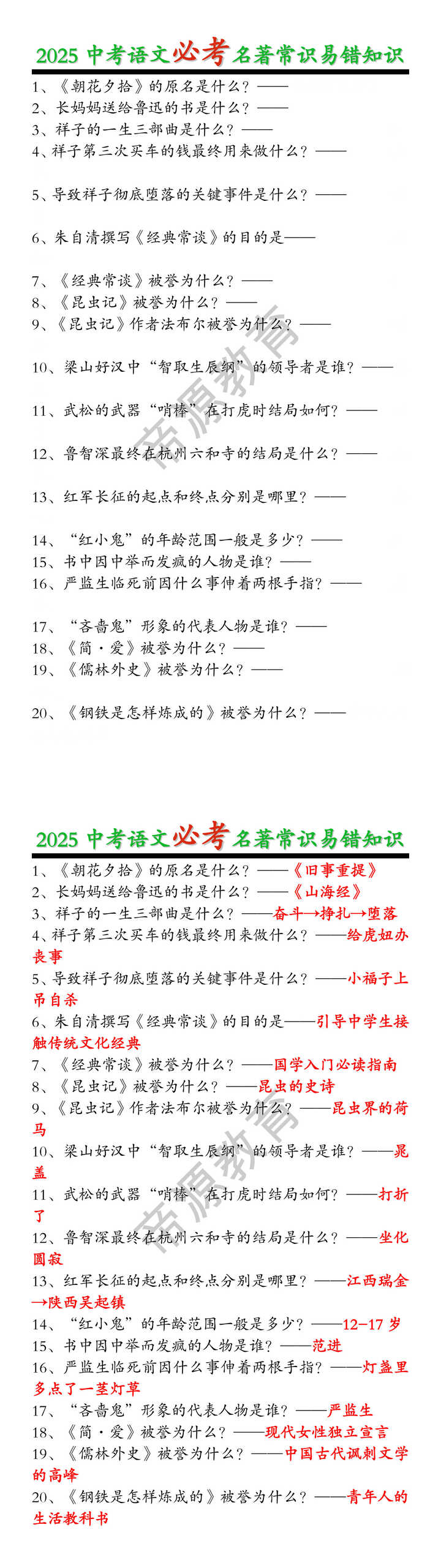 2025中考语文必考名著常识易错知识