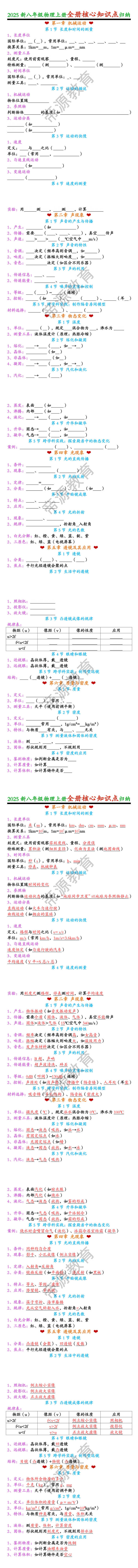 2025新八年级物理上册全册核心知识点归纳