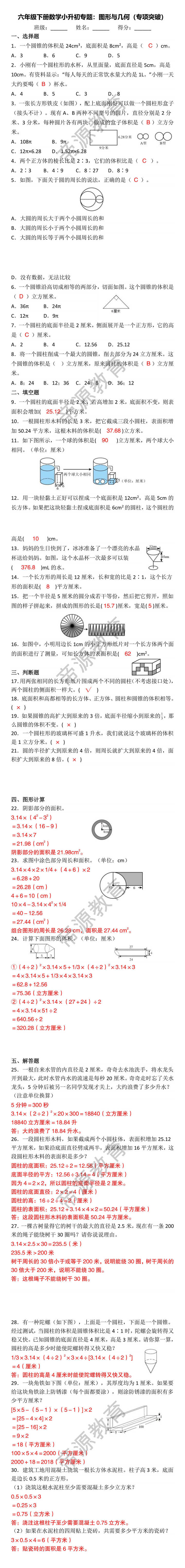 六年级下册数学小升初专题：图形与几何（专项突破）