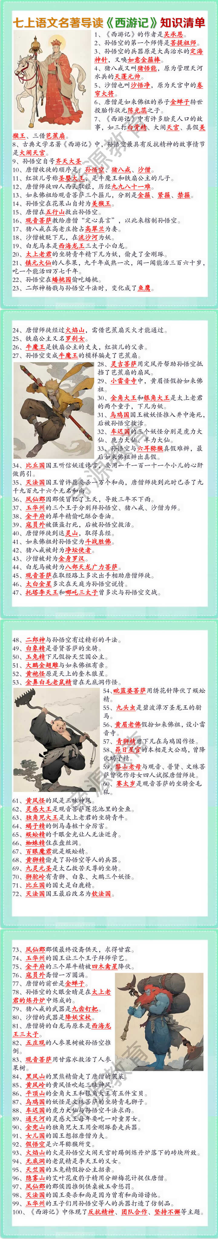 七上必读名著《西游记》知识清单——高频核心知识点100条