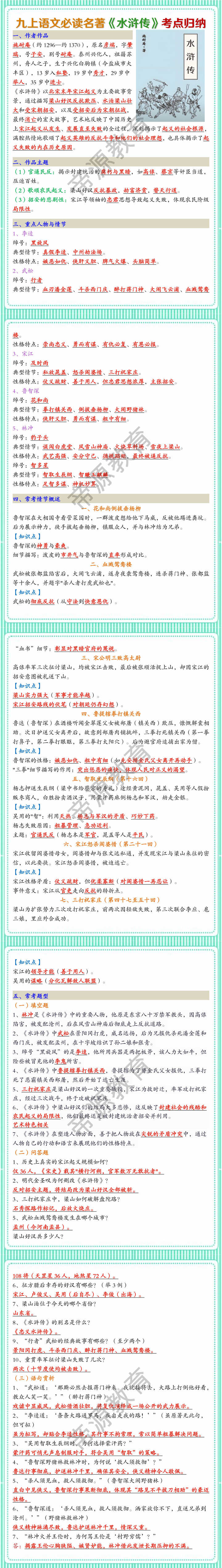 九上语文必读名著《水浒传》考点归纳