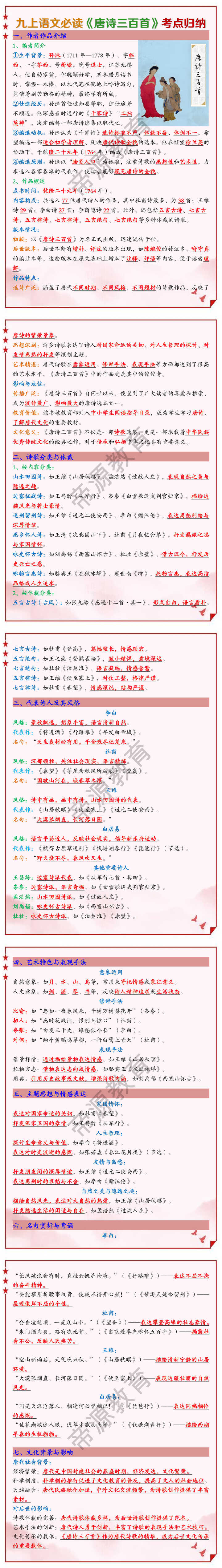 九上语文必读《唐诗三百首》考点归纳