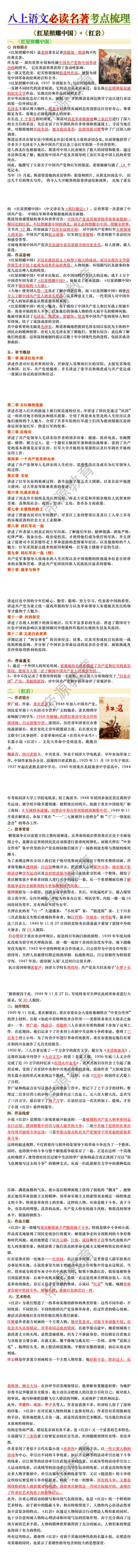八上语文必读名著《红星照耀中国》《红岩》考点梳理