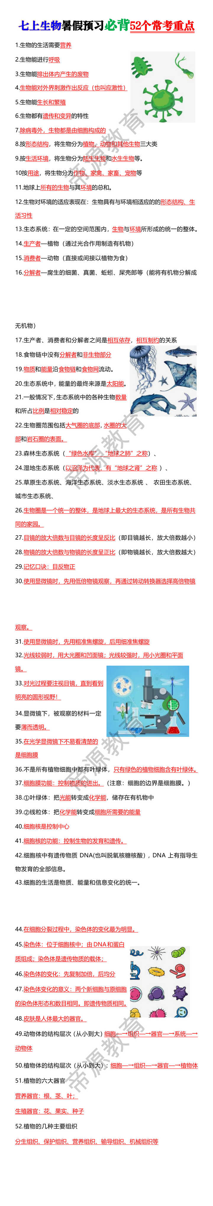 七上生物暑假预习必背52个常考重点