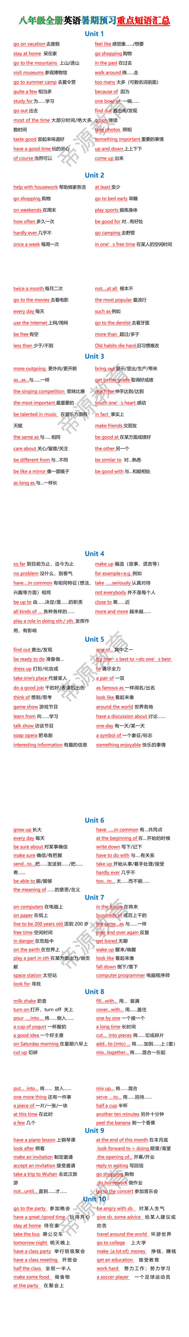 八年级全册英语暑期预习重点短语汇总