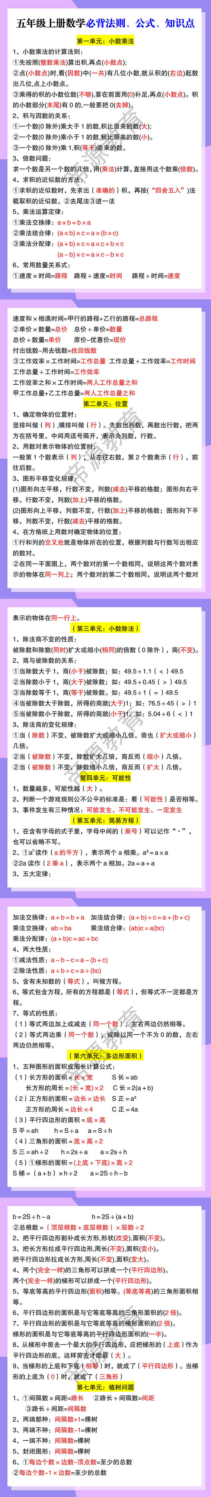 五年级上册数学必背法则、公式、知识点