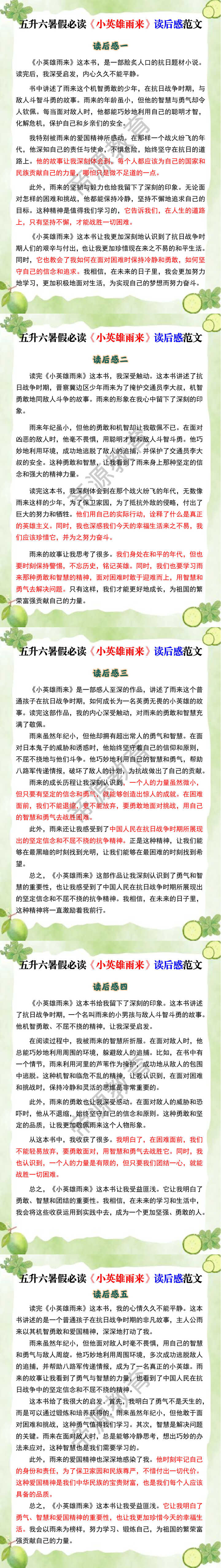 五升六暑假必读《小英雄雨来》读后感范文
