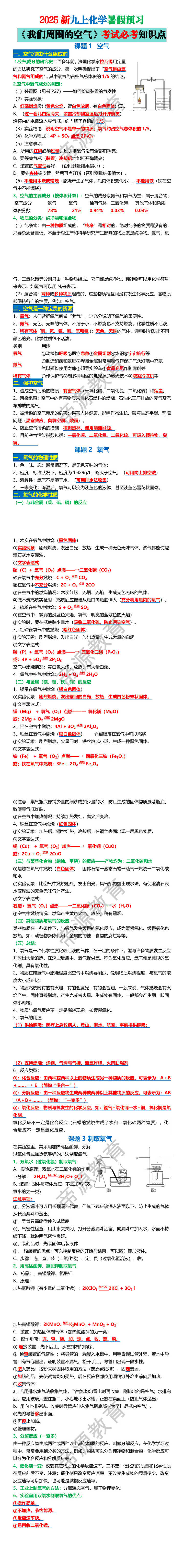 2025新九上化学暑假预习《我们周围的空气》考试必考知识点