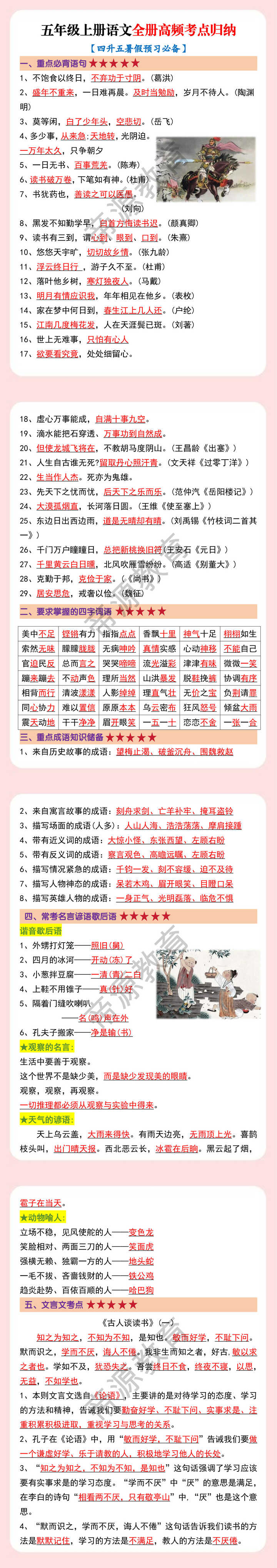 五年级上册语文全册高频考点归纳