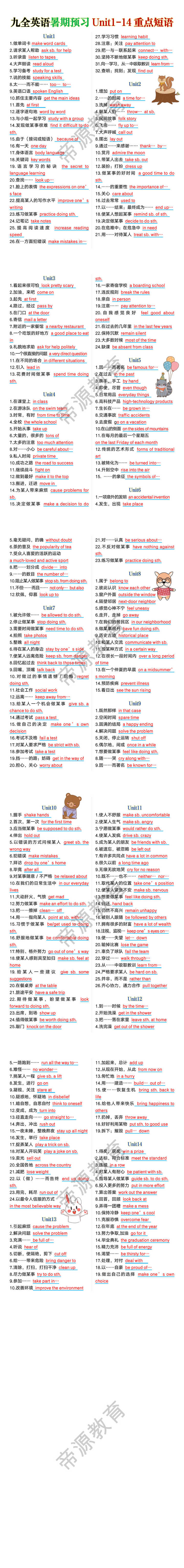 九全英语暑期预习Unit1-14重点短语