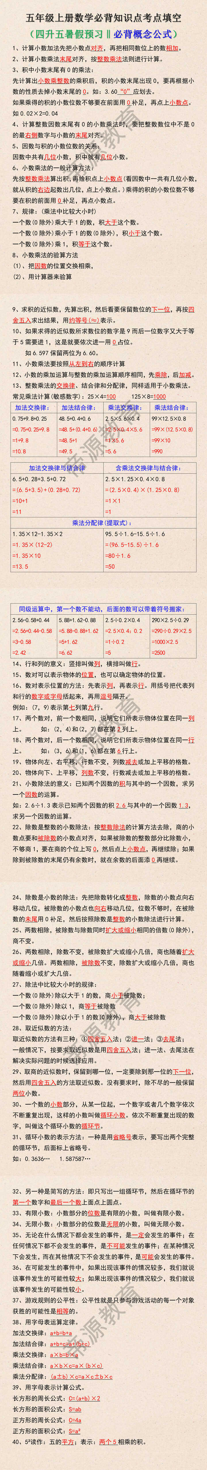 五年级上册数学必背知识点考点填空，四升五暑假预习！