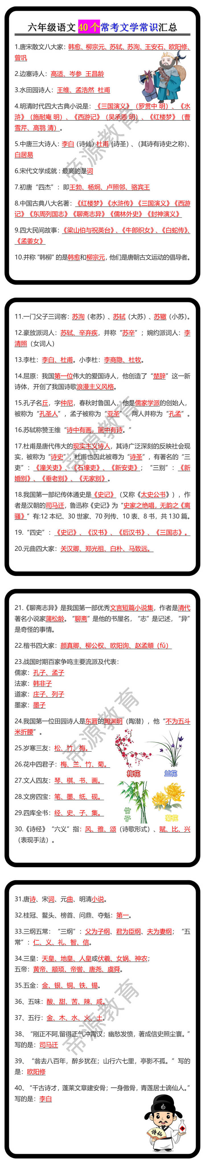 六年级语文40个常考文学常识汇总