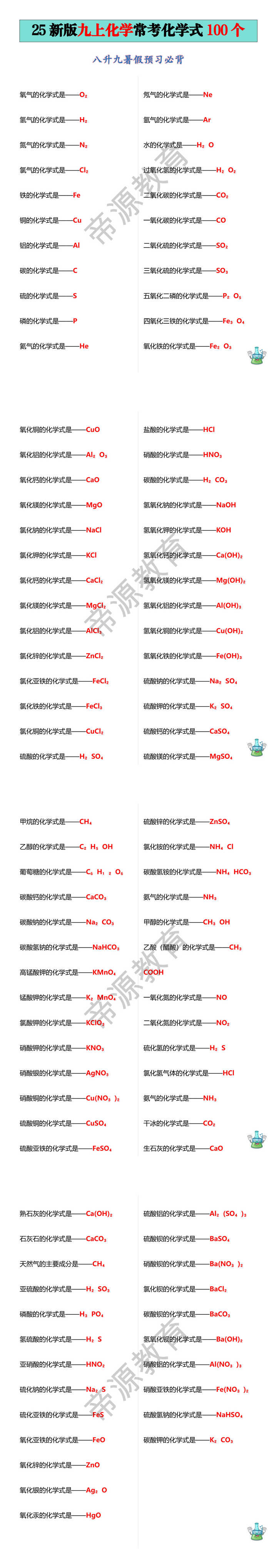 25新版九上化学常考化学式100个
