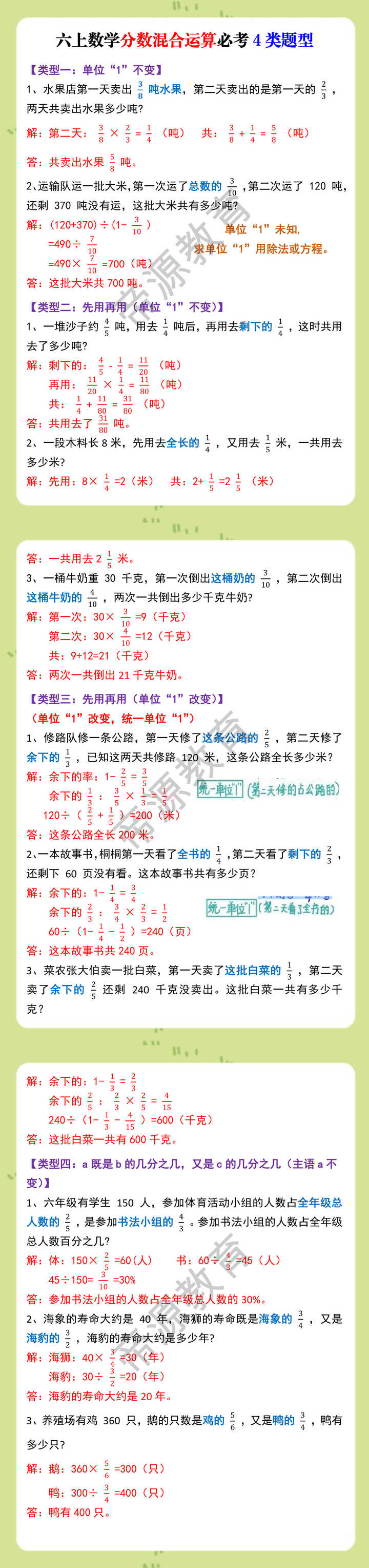 六上数学分数混合运算必考4类题型