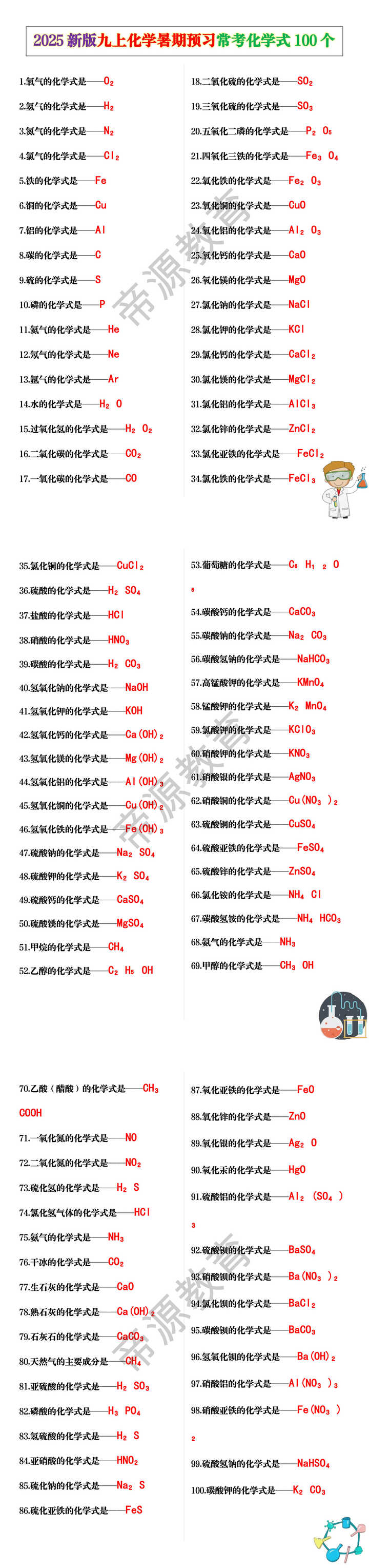 2025新版九上化学暑期预习常考化学式100个