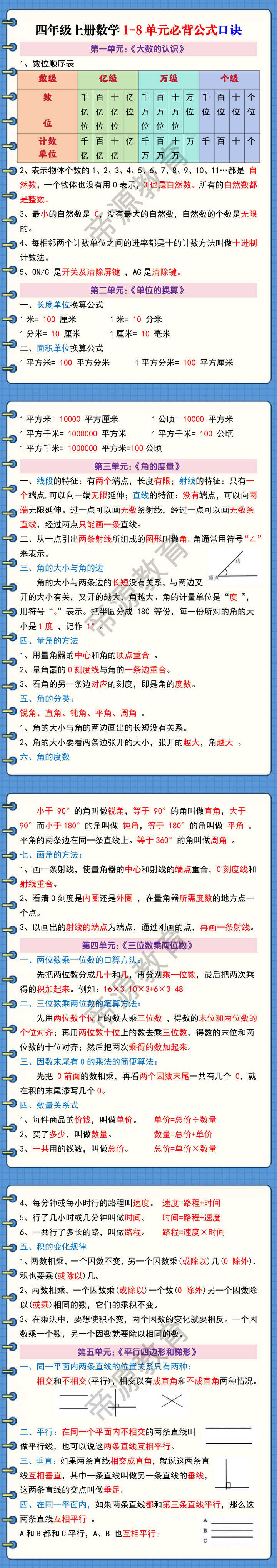 四年级上册数学1-8单元必背公式口诀