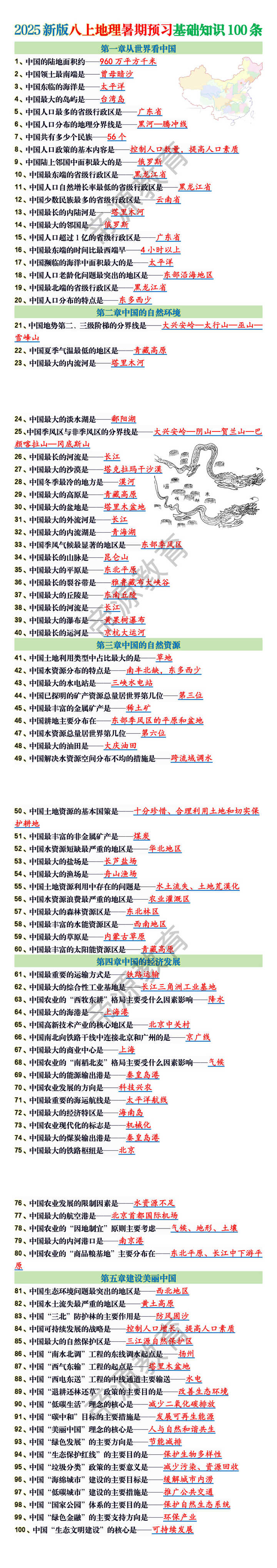 2025新版八上地理暑期预习基础知识100条
