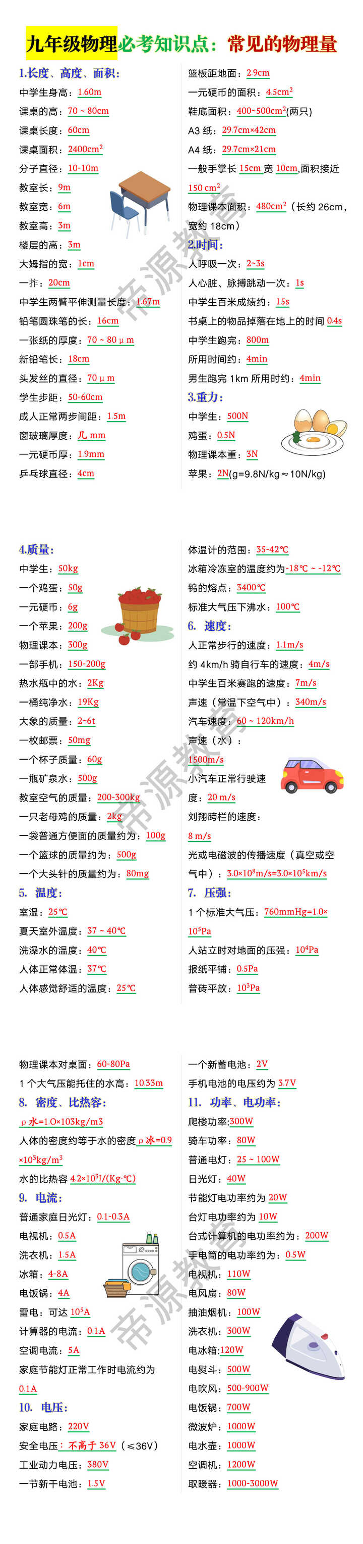九年级物理必考知识点《常见的物理量》