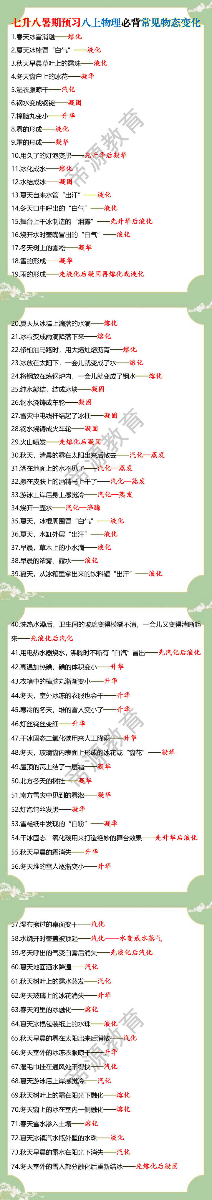 七升八暑期预习八上物理必背常见物态变化