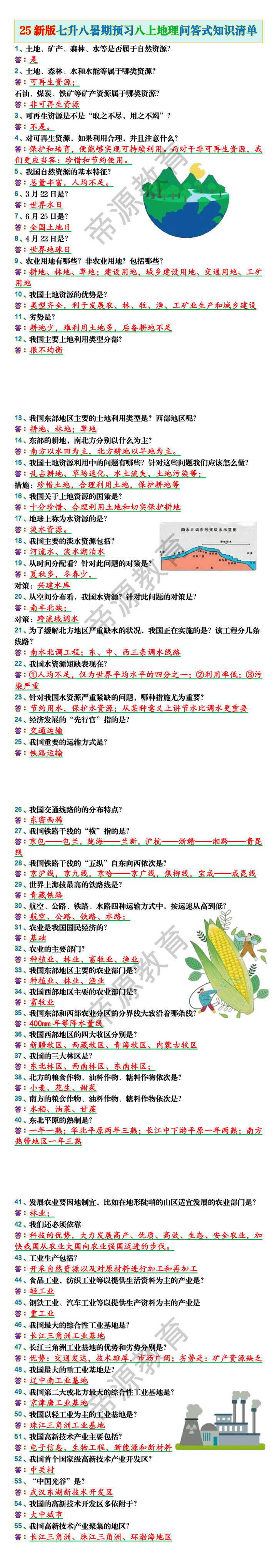 25新版七升八暑期预习八上地理问答式知识清单