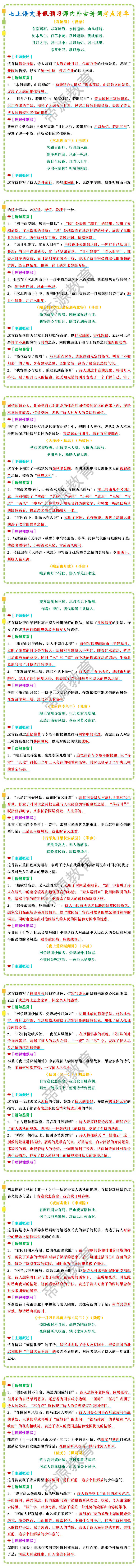 七年级语文上册：课内外古诗词考点清单