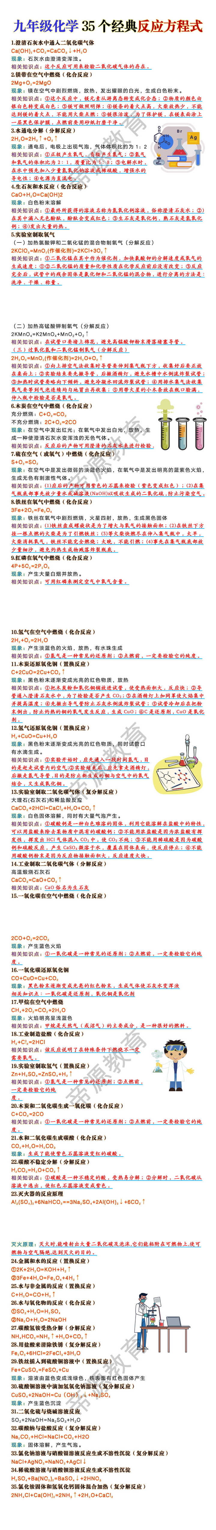 九年级化学35个经典反应方程式