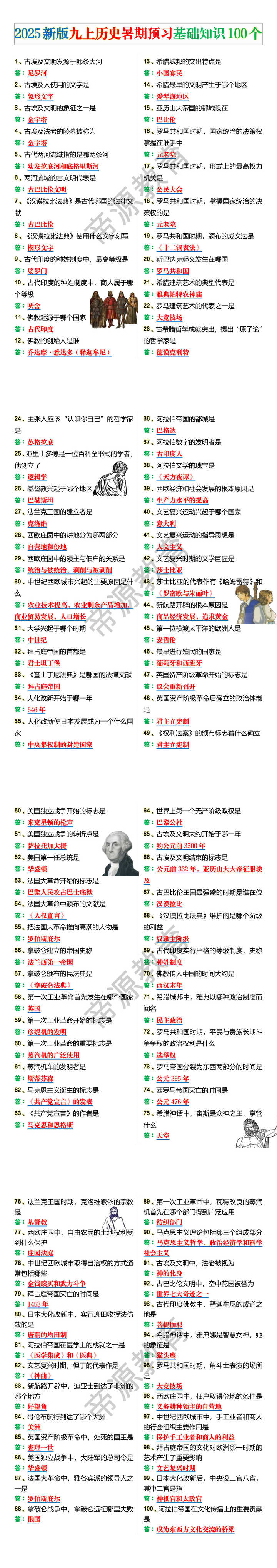 2025新版九上历史暑期预习基础知识100个
