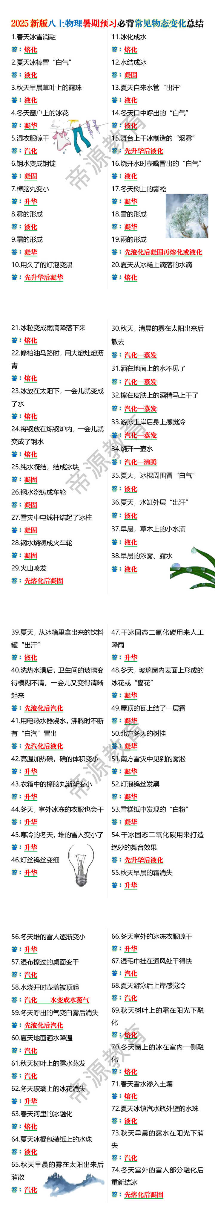 2025新版八上物理暑期预习必背常见物态变化总结